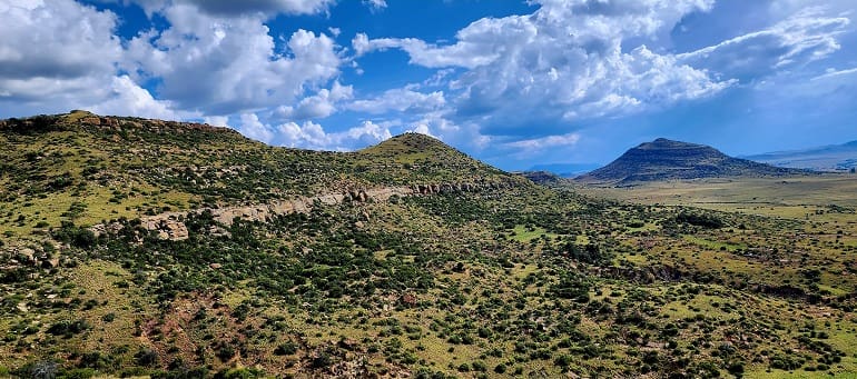 The Free State highlands bordering Lesotho, already higher than Denver and still climbing.
