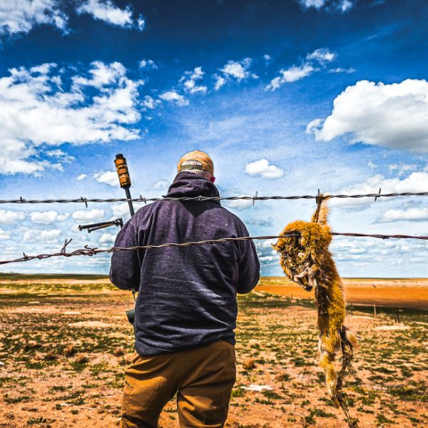 Hunter at a barbed wire fence on open plains with a called coyote hung on the wire